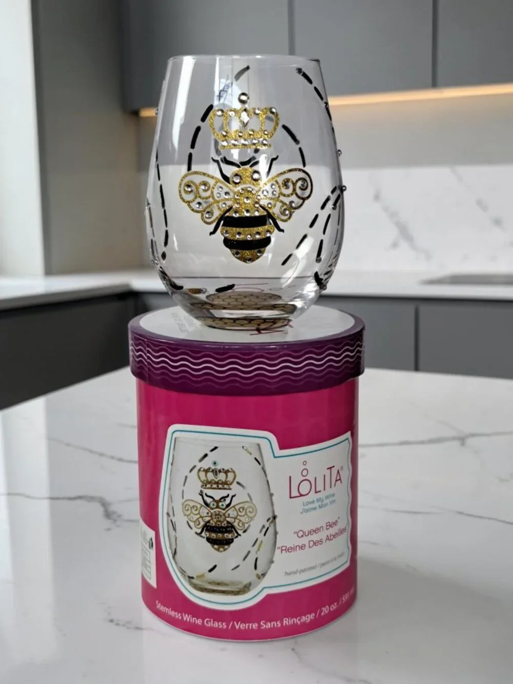 Lolita Queen Bee Stemless Hand Painted & Jeweled 19oz Wine Glass. RARE!